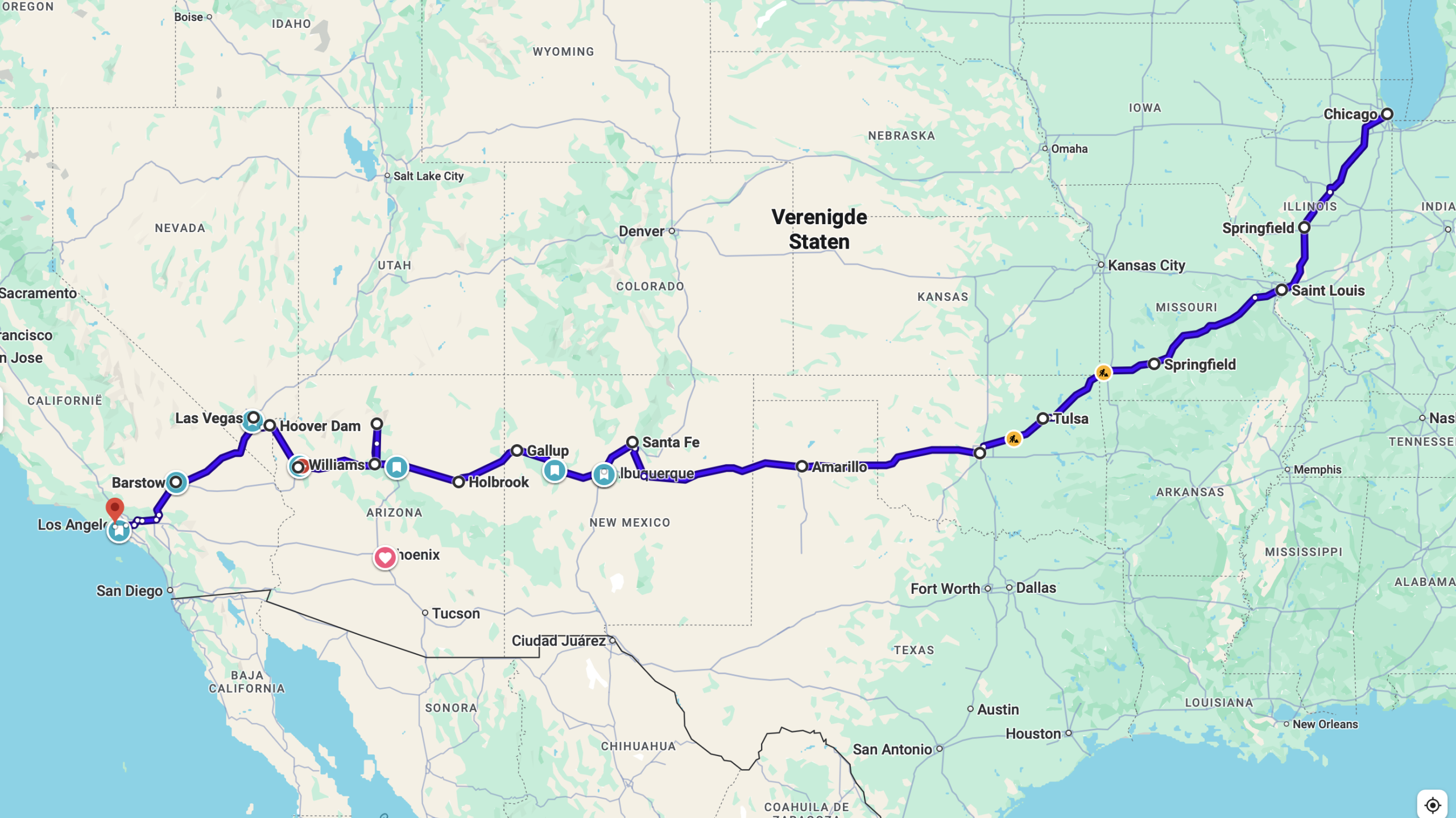 Landkaartje historic Route 66 